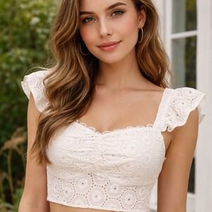 Lulus Womens Top XL Time for Sunshine White Eyelet Lace Ruffle Crop Boho Cottage